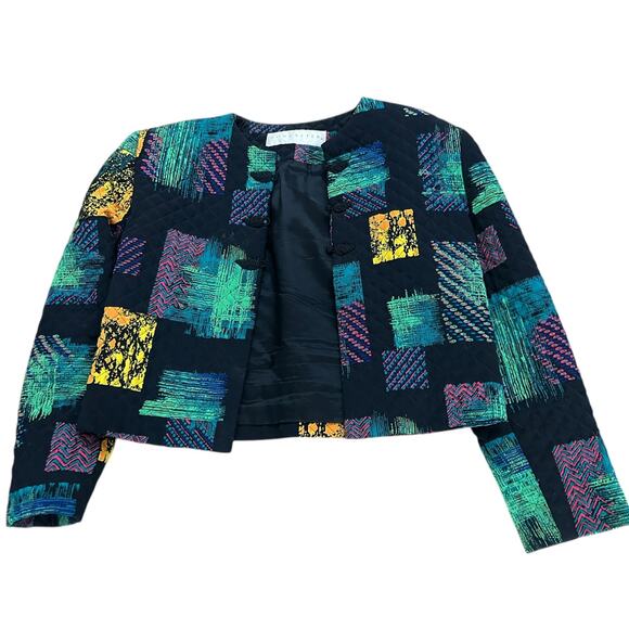Vintage Quilted Patchwork Crop Jacket Geometric Print Cropped Coat | Size 8 - - Picture 5 of 5